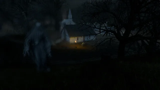 A pale, ghostly figure drifting in the dark near a lit cottage and a church steeple at night