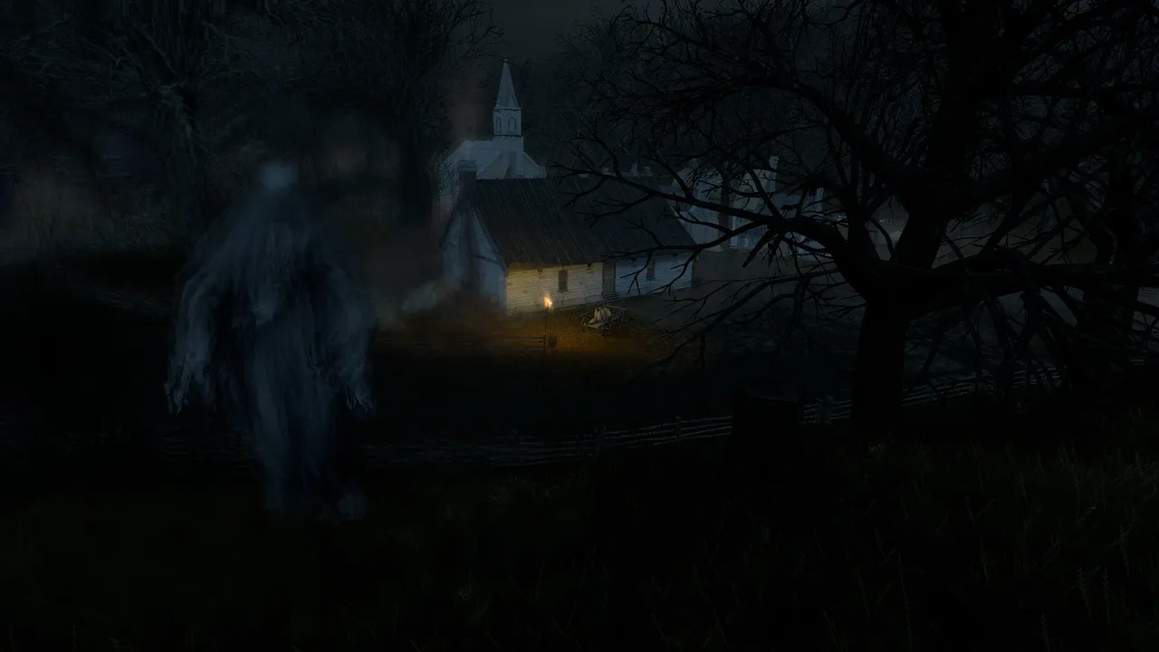 A pale, ghostly figure drifting in the dark near a lit cottage and a church steeple at night