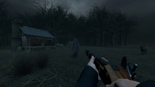 The witch hunter aiming an old long gun at a spectre beside a cabin under bare trees
