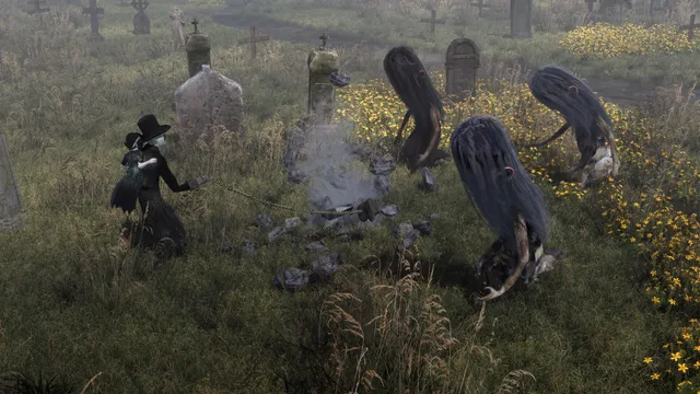 A figure in a black hat in a graveyard among dark, long-haired creatures crawling over the graves