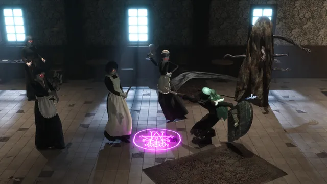 A fight in a manor hall: maids stand around a glowing magic circle as the doll faces a tall, long-armed robed creature