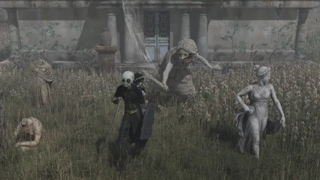 The doll guardian with a sword and shield among stone statues in an overgrown cemetery, one of them coming to life