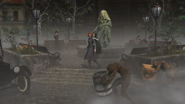 Withering Realms: Clover and her doll walk through a foggy town square past a hooded statue while hunched creatures crouch by the barrels
