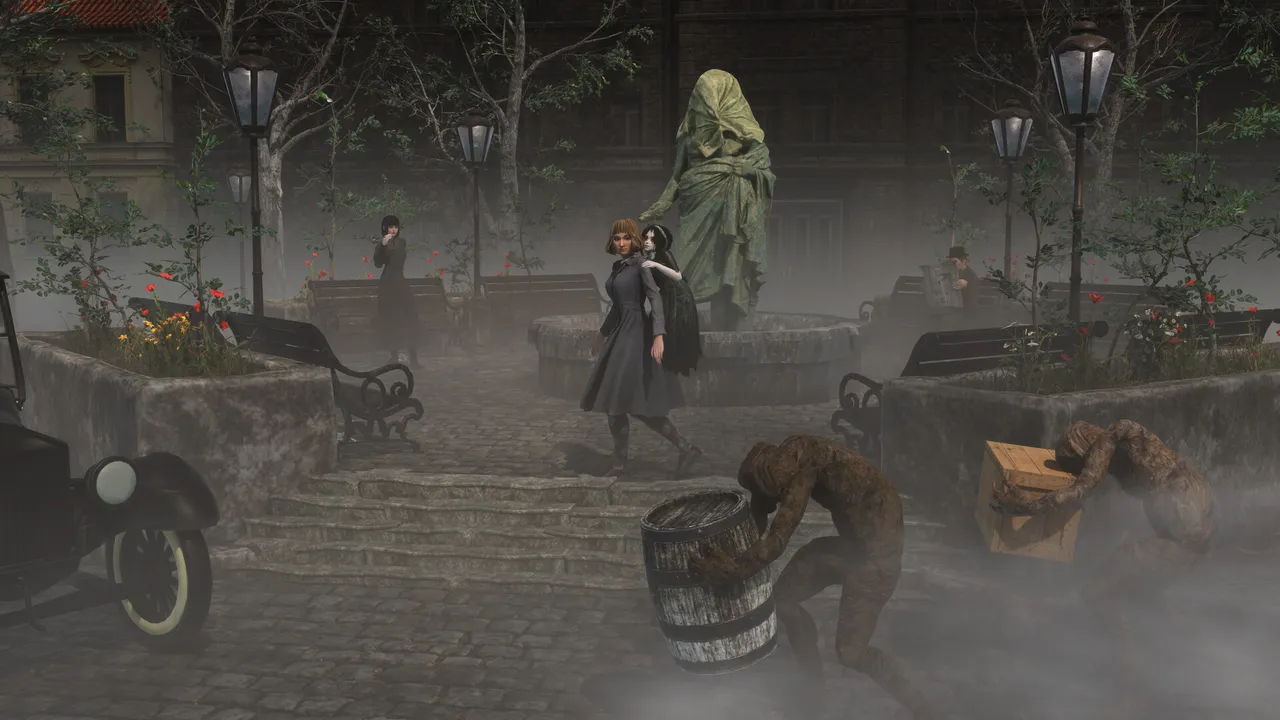 Withering Realms: Clover and her doll walk through a foggy town square past a hooded statue while hunched creatures crouch by the barrels