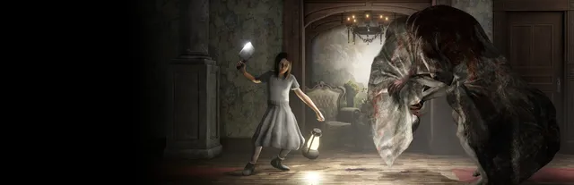 Withering Rooms key art: a girl in a white dress holding a cleaver and a lantern faces a hunched creature draped in a bloodstained sheet in a candlelit Victorian hallway