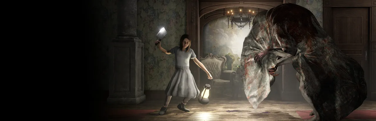 Withering Rooms key art: a girl in a white dress holding a cleaver and a lantern faces a hunched creature draped in a bloodstained sheet in a candlelit Victorian hallway