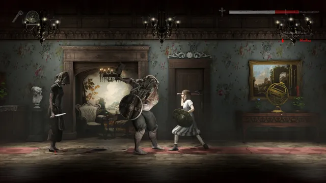Withering Rooms screenshot: the girl raises a round shield against a hulking sack-headed brute with an axe and shield in a wallpapered mansion hall, a hooded figure with a knife behind it