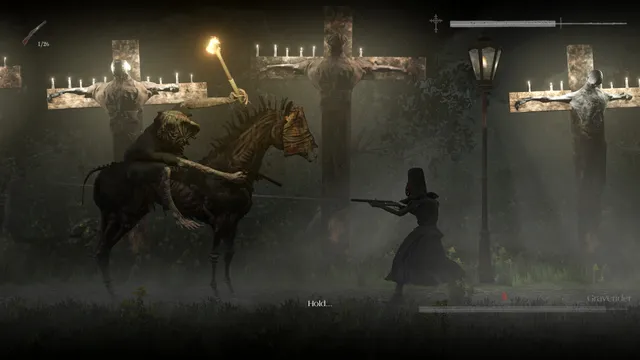 Withering Rooms screenshot: a hooded figure aims a rifle at a skeletal horseman with a torch, the Graverider, in a misty graveyard of candlelit crosses