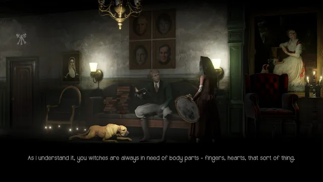 Withering Rooms screenshot: a candlelit parlour with portraits on the wall, a man reading on a sofa and a dog at his feet, as he speaks of witches needing body parts