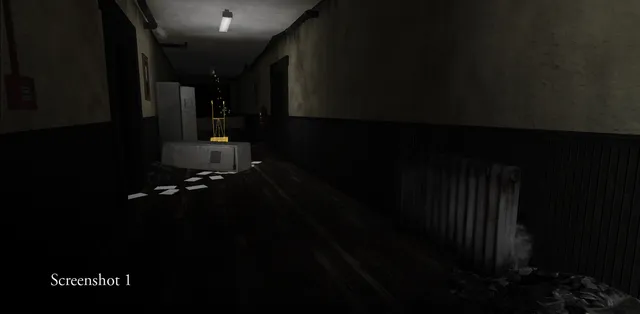 Within Deep Sorrows screenshot: a dim corridor with papers on the floor, a radiator and a lit candle stand on a table
