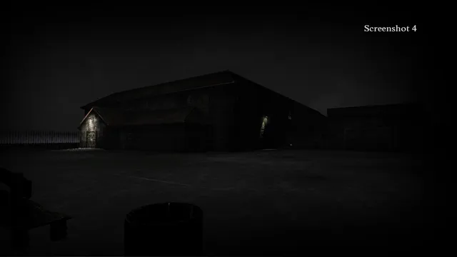 Within Deep Sorrows screenshot: a brick building with a lit doorway in the rain at night, seen across an empty car park beside a bin and a bench