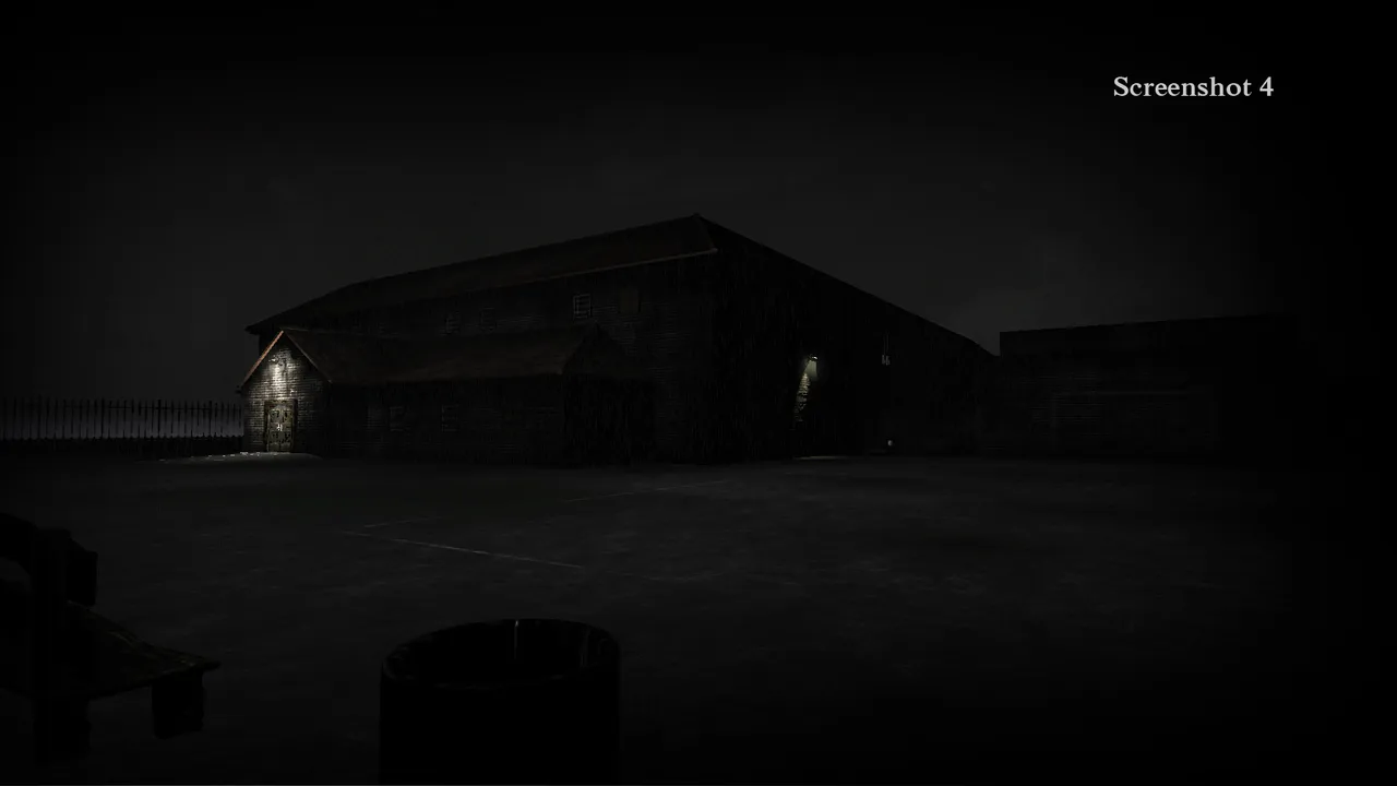 Within Deep Sorrows screenshot: a brick building with a lit doorway in the rain at night, seen across an empty car park beside a bin and a bench