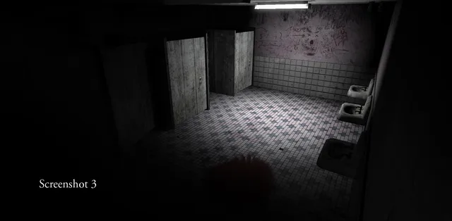Within Deep Sorrows screenshot: a dim washroom with toilet stalls, sinks and scrawled writing on the wall