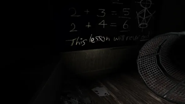 Within Deep Sorrows: a dark classroom blackboard with sums and the words This lesson will never end chalked on it
