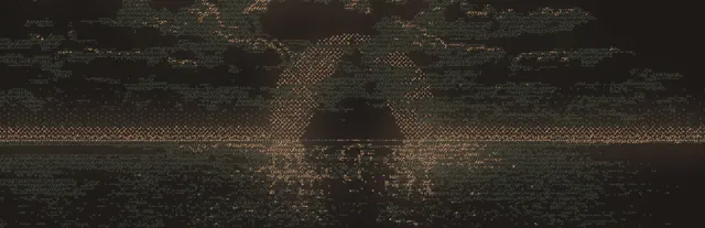 Without a Dawn key art: a dim sun setting over dark water, drawn in tiny brown text characters