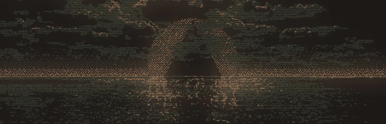 Without a Dawn key art: a dim sun setting over dark water, drawn in tiny brown text characters