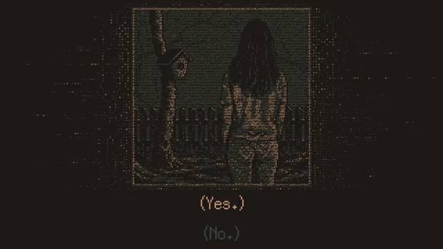 Without a Dawn screenshot: a woman seen from behind at a fence beside a bare tree, with Yes and No choices