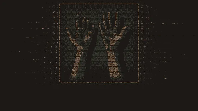 Without a Dawn screenshot: two open hands raised in the dark, drawn in text characters