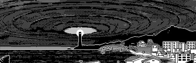 WORLD OF HORROR key art: a lighthouse shining under a spiral sky above a Japanese seaside town, in 1-bit pixel art