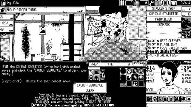 WORLD OF HORROR screenshot: turn-based combat against a hole-ridden thing in a bathroom