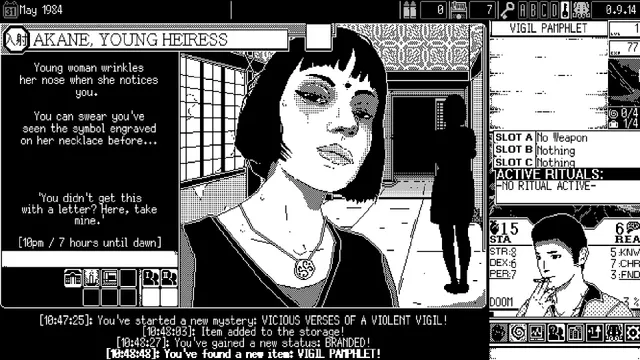 WORLD OF HORROR screenshot: a young heiress with a strange symbol on her necklace, drawn in 1-bit black and white pixel art
