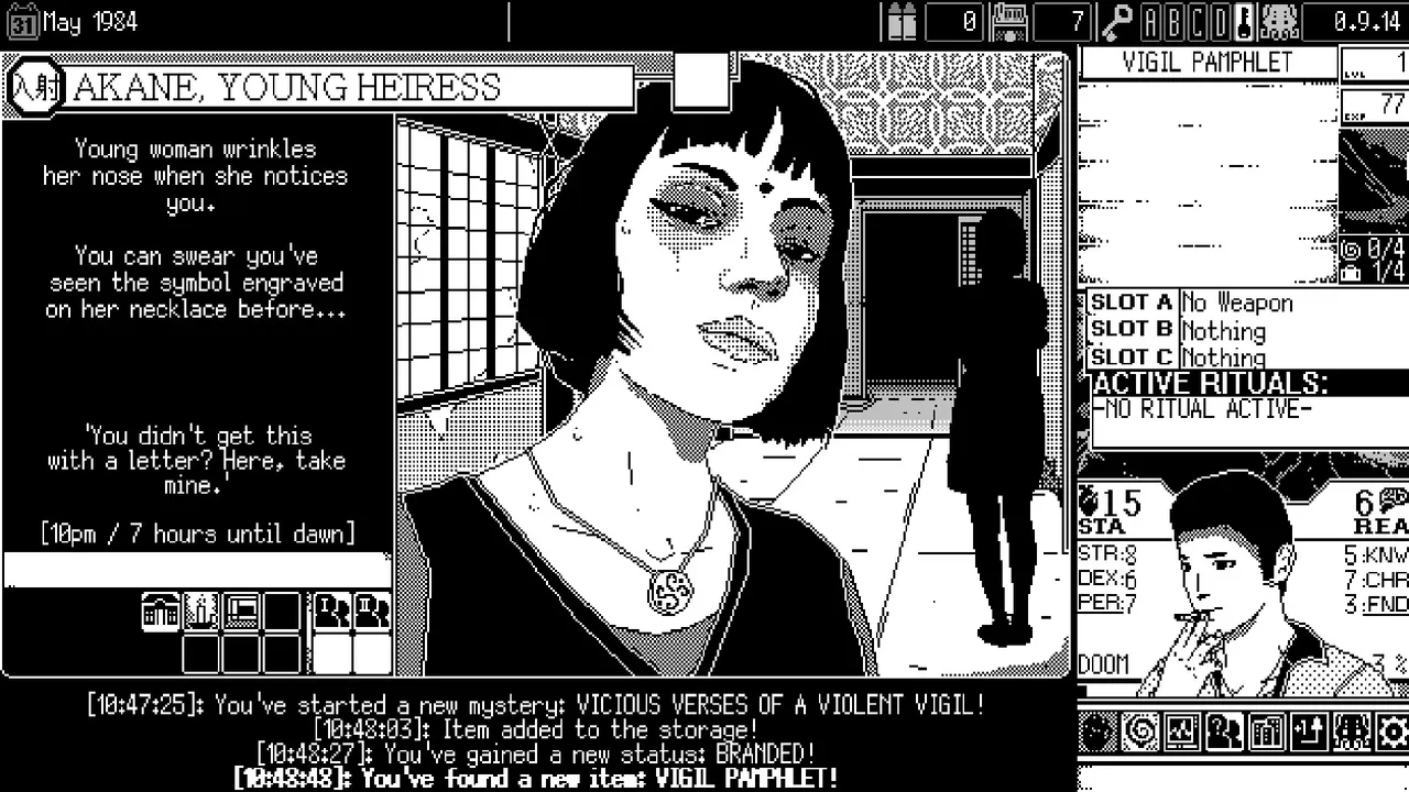 WORLD OF HORROR screenshot: a young heiress with a strange symbol on her necklace, drawn in 1-bit black and white pixel art