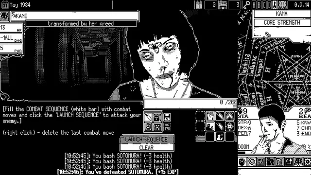 WORLD OF HORROR screenshot: a woman bleeding from the mouth after being transformed by her greed, in a combat screen