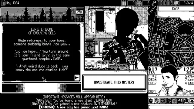 WORLD OF HORROR screenshot: the start of a mystery about evolving eels, with a figure in a doorway