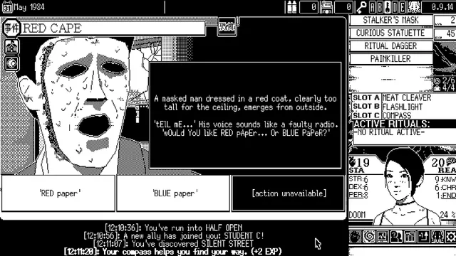 WORLD OF HORROR screenshot: a masked man in a red cape asks whether you want red paper or blue paper