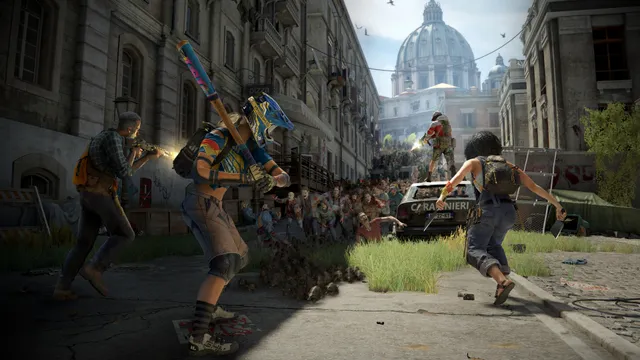 World War Z screenshot: a squad fires down a Rome street at a charging horde, St Peter's dome behind them