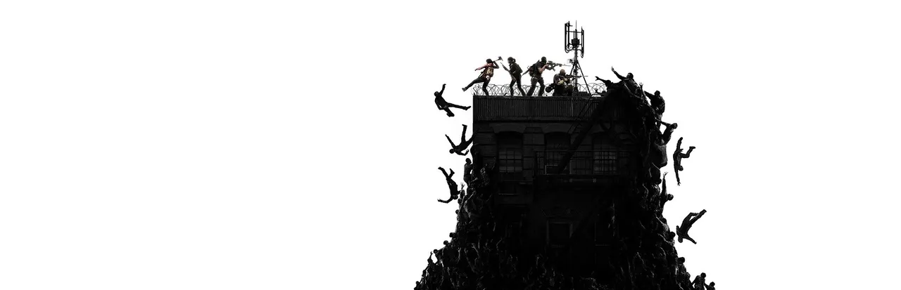 World War Z key art: a black silhouette of zombies piling up the walls of a tower as survivors fight on its roof