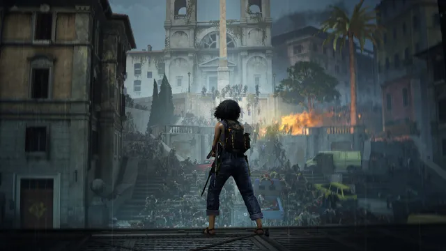 World War Z screenshot: a survivor stands facing a flood of zombies pouring down the Spanish Steps in Rome