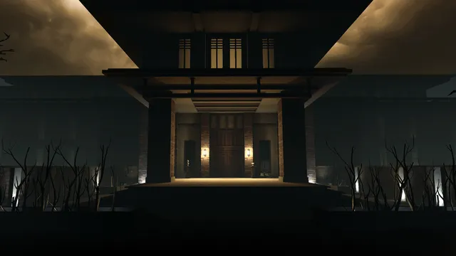 Wraith: The Oblivion - Afterlife screenshot: the entrance of the Barclay Mansion at night, a lit doorway between square pillars and bare shrubs