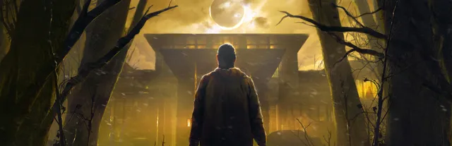 Wraith: The Oblivion - Afterlife key art: a man seen from behind walks through bare trees toward a modern mansion under a dark eclipse