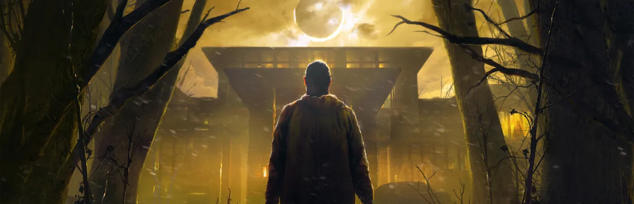 Wraith: The Oblivion - Afterlife key art: a man seen from behind walks through bare trees toward a modern mansion under a dark eclipse