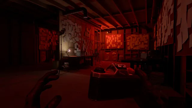 Wraith: The Oblivion - Afterlife screenshot: a red-lit room with walls covered in pinned notes and a desk lamp, the player's ghostly hand in view