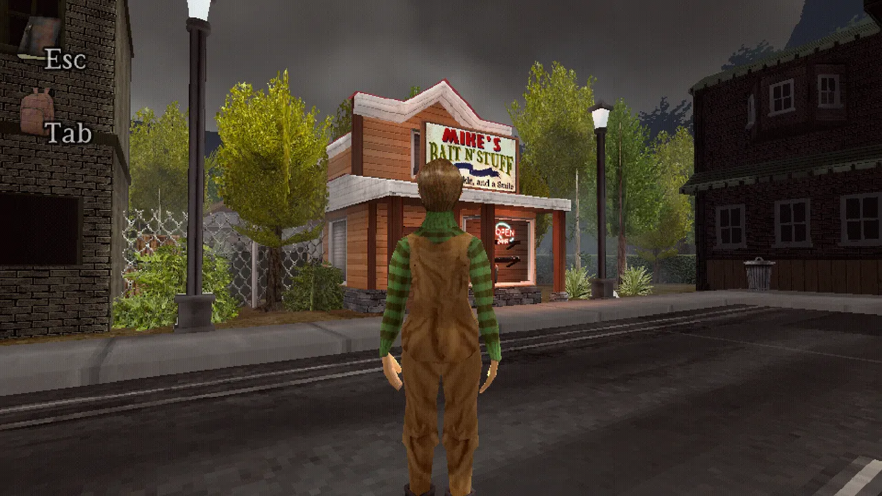 Wretched Depths screenshot: Sam, in overalls and a green striped jumper, stands on a low-poly street before Mike's Bait n' Stuff