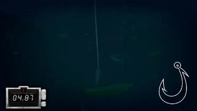 Wretched Depths screenshot: a fishing line hangs down into dark, murky green water where shadowy fish swim, a timer in the corner