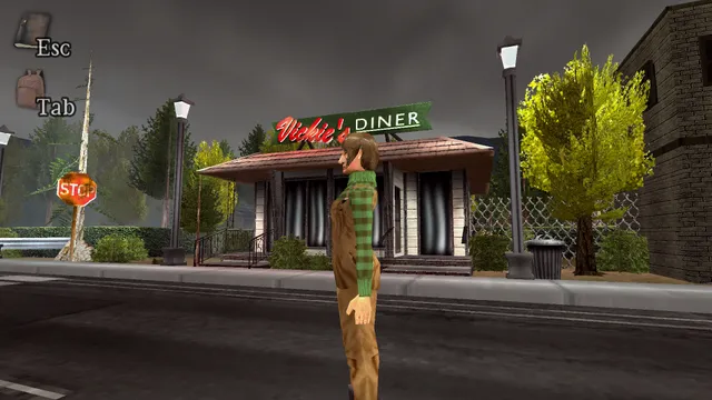 Wretched Depths screenshot: Sam stands outside Vickie's Diner on a grey day in a low-poly town