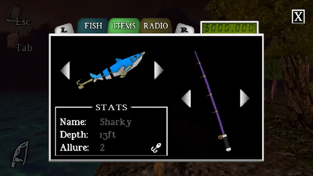 Wretched Depths screenshot: the inventory screen showing a fish named Sharky caught at 13 feet and a purple rod