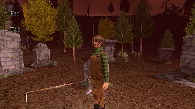 Wretched Depths screenshot: Sam holds a fishing rod among old gravestones under a red sky