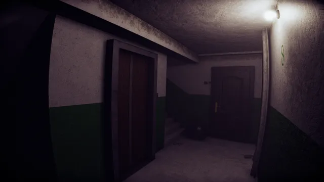 Wrong Floor screenshot: a dim apartment building landing with elevator doors, a staircase and a wooden door under a wall lamp