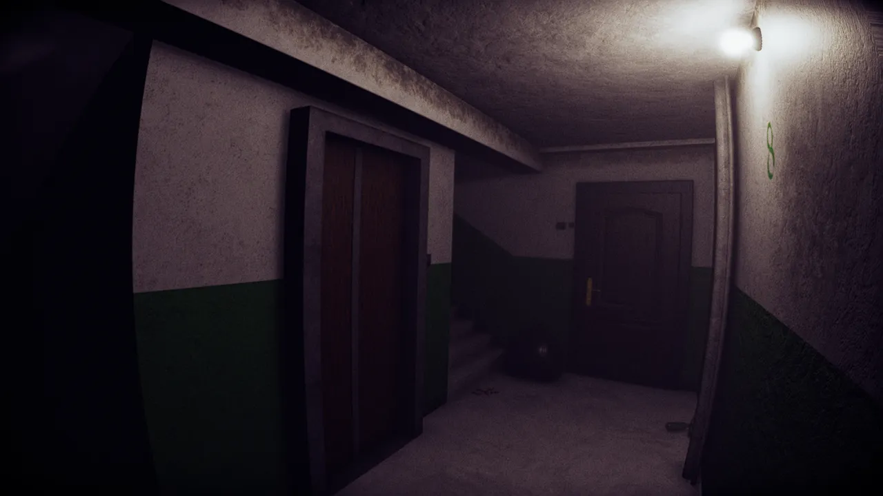 Wrong Floor screenshot: a dim apartment building landing with elevator doors, a staircase and a wooden door under a wall lamp