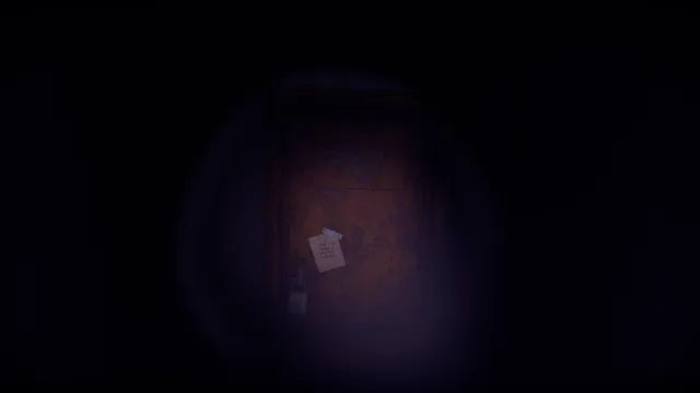 Wrong Floor screenshot: a flashlight beam on a stained door with a note pinned to it