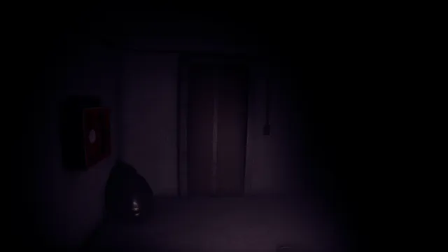 Wrong Floor screenshot: closed elevator doors in a dark hallway with a bin bag on the floor