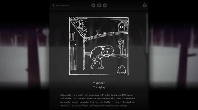 Year Walk screenshot: the encyclopedia page on the Myling, with an ink drawing of a crouched child by a grave