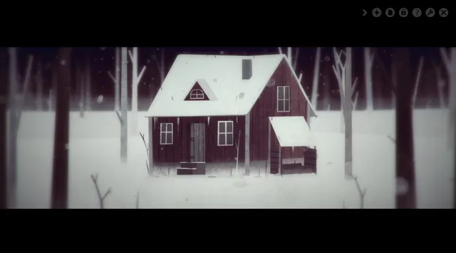 Year Walk screenshot: a red wooden cabin in deep snow among bare trees