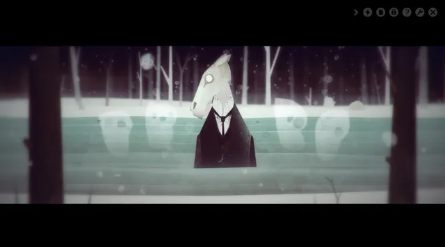 Year Walk screenshot: a pale horse-headed figure in a dark suit stands on a frozen pond with ghostly shapes behind it