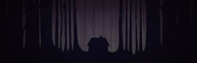Year Walk key art: a small cabin silhouetted among tall dark trees in a night forest