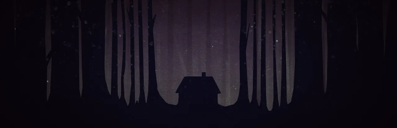 Year Walk key art: a small cabin silhouetted among tall dark trees in a night forest